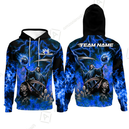 Custom Bowling Team Quarter-Zip Polo Shirt, Grim Reaper Skull With Flame Bowling Lightning Design for Bowlers, Personalized Shirt with Name and Team Name