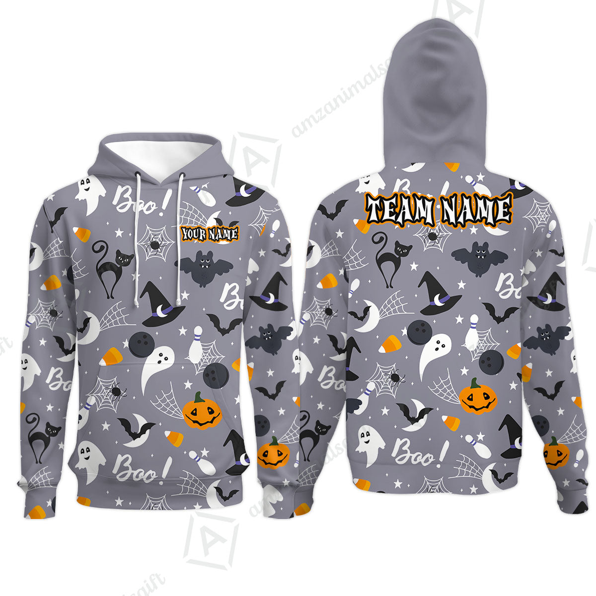 Customized Bowling Shirt, Halloween Pattern Bowling And Pin Boo Cat Ghost Bat Pumpkin, Personalized Polo Shirt For Players With Name & Team Name