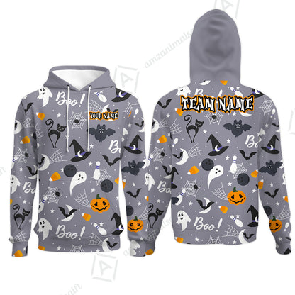 Customized Bowling Shirt, Halloween Pattern Bowling And Pin Boo Cat Ghost Bat Pumpkin, Personalized Polo Shirt For Players With Name & Team Name
