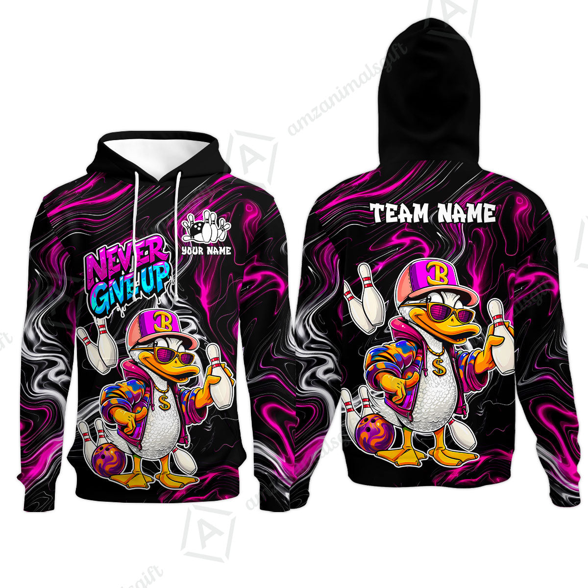 Custom Bowling Jersey Polo Shirt, Duck Never Give Up, Custom Bowling Jersey Team Shirt For Players With Name & Team Name