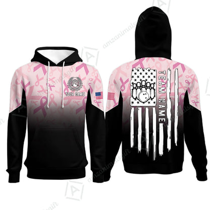 Custom Bowling Jersey Polo Shirt, Ribbon Breast Cancer Awareness Flag, Custom Bowling Jersey Team Shirt For Players With Name and Team Name
