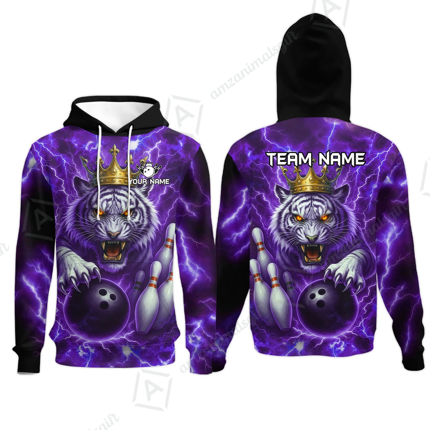 Custom Bowling Team Quarter-Zip Polo Shirt, Bowling White Tiger Lighting Shirt, Personalized Team Shirt with Custom Name