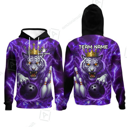 Custom Bowling Team Quarter-Zip Polo Shirt, Bowling White Tiger Lighting Shirt, Personalized Team Shirt with Custom Name