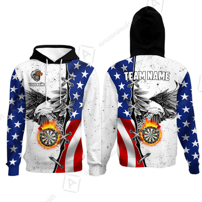 Customized Darts Team Uniform Shirt Darts US Flag White Eagle Flame Pin Dust Pattern, Personalized Name And Team Name
