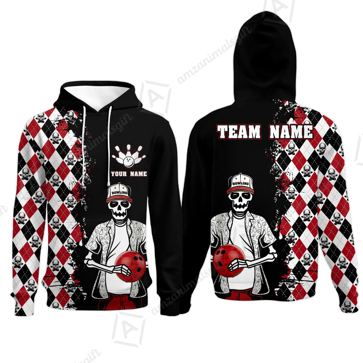 Bowling Custom Bowling Hoodie - Custom Name Skull Men, Argyle Bowling Pattern Personalized Bowling Polo Shirt - Perfect Gift For Friend, Family