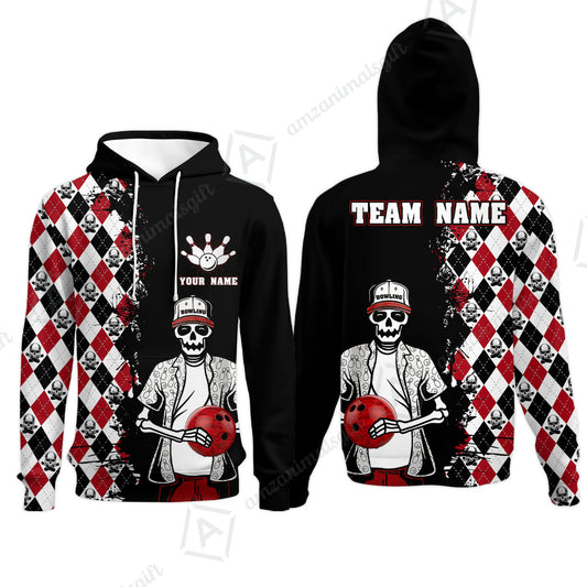 Bowling Custom Bowling Hoodie - Custom Name Skull Men, Argyle Bowling Pattern Personalized Bowling Polo Shirt - Perfect Gift For Friend, Family