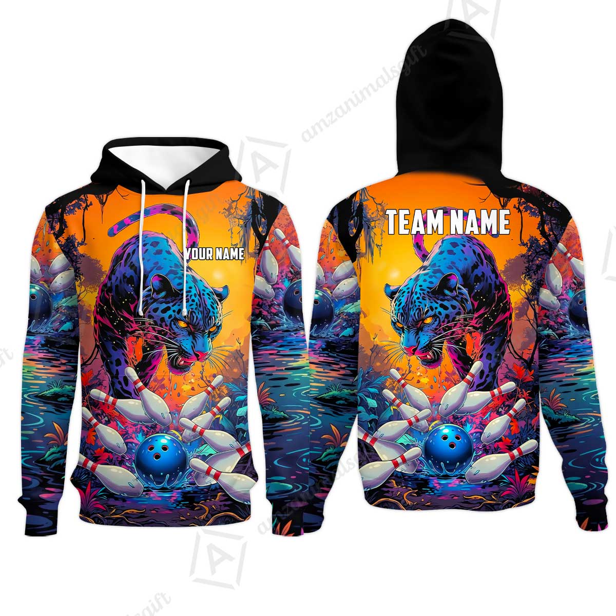 Custom Bowling Jersey Polo Shirt, Psychedelic Neon Jungle Jaguar, Custom Bowling Jersey Team Shirt For Players With Name and Team Name