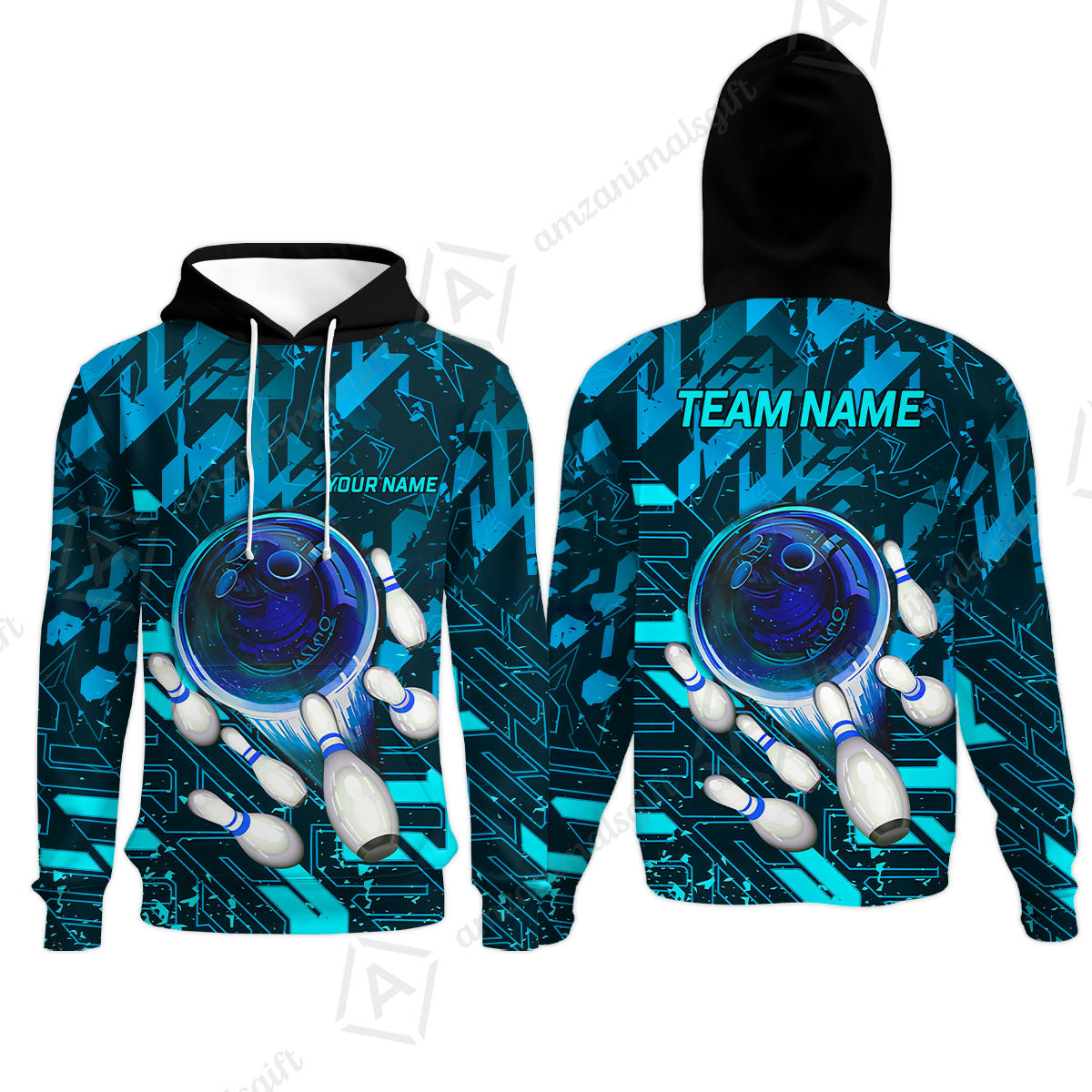 Customized Blue Metric Abstract Bowling Team Jersey, Personalized Name Bowling Quarter-Zip Uniforms For Bowlers, Team League