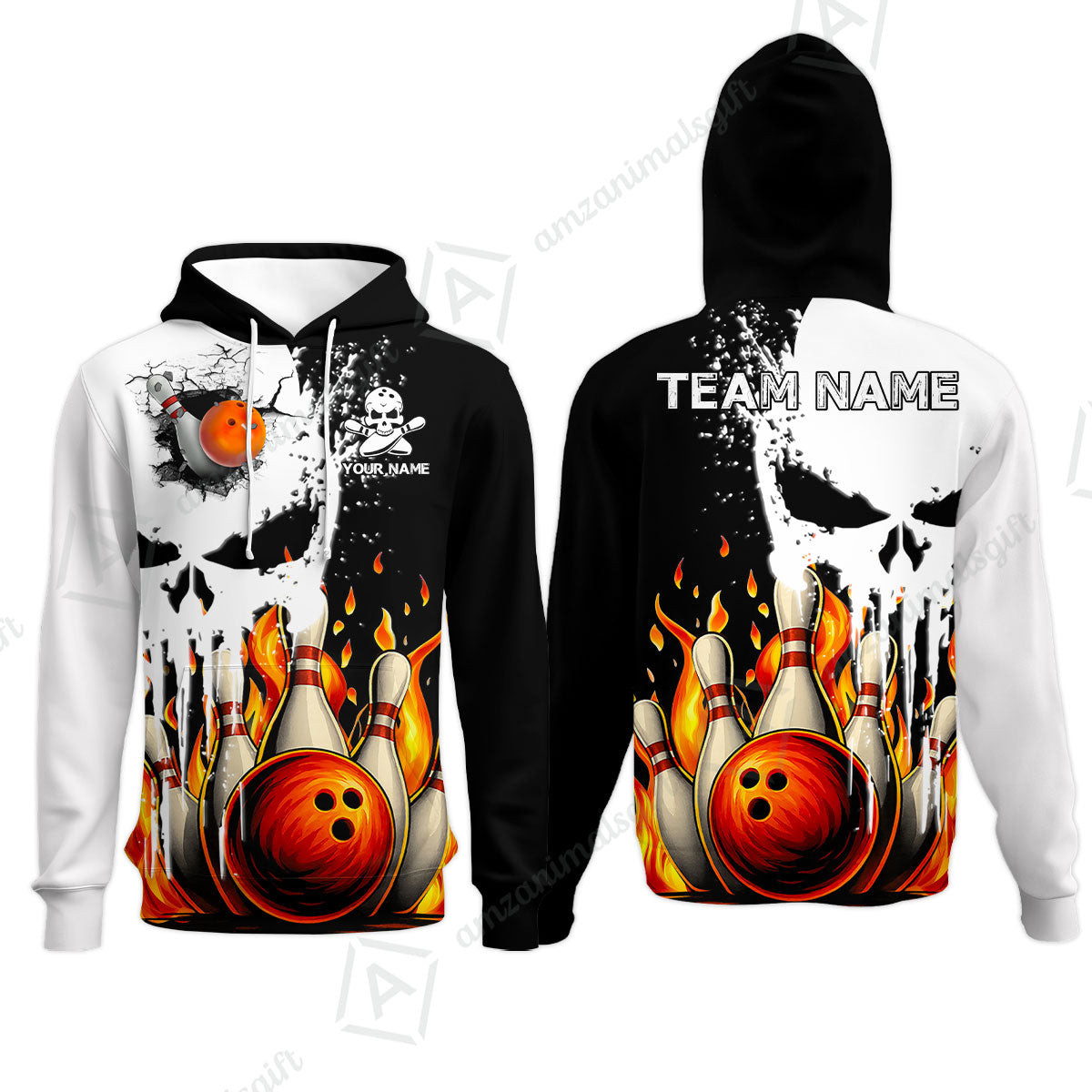 Custom Bowling Team Uniform Skull with Flaming Bowling and Pins, Personalized Name And Team Name