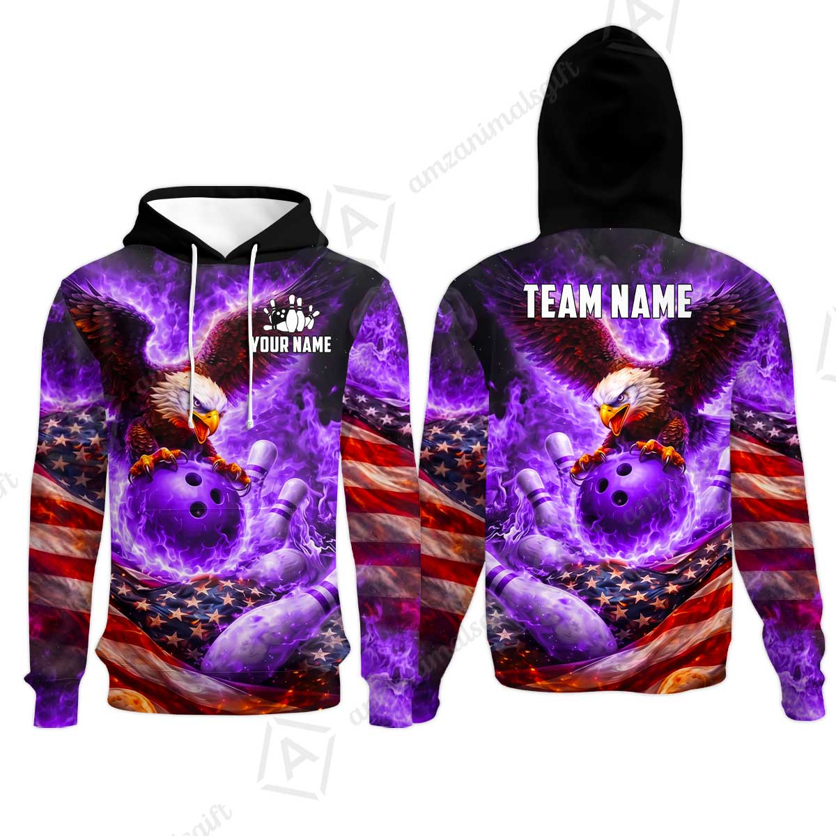 Custom Bowling Jersey Polo Shirt, Patriotic Blue Fire Eagle, Custom Bowling Jersey Team Shirt For Players With Name and Team Name