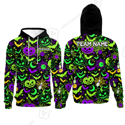 Customized Bowling Shirt, Neon Halloween Pattern Bowling And Pin Pumpkins Spider Bat, Personalized Polo Shirt For Players With Name & Team Name