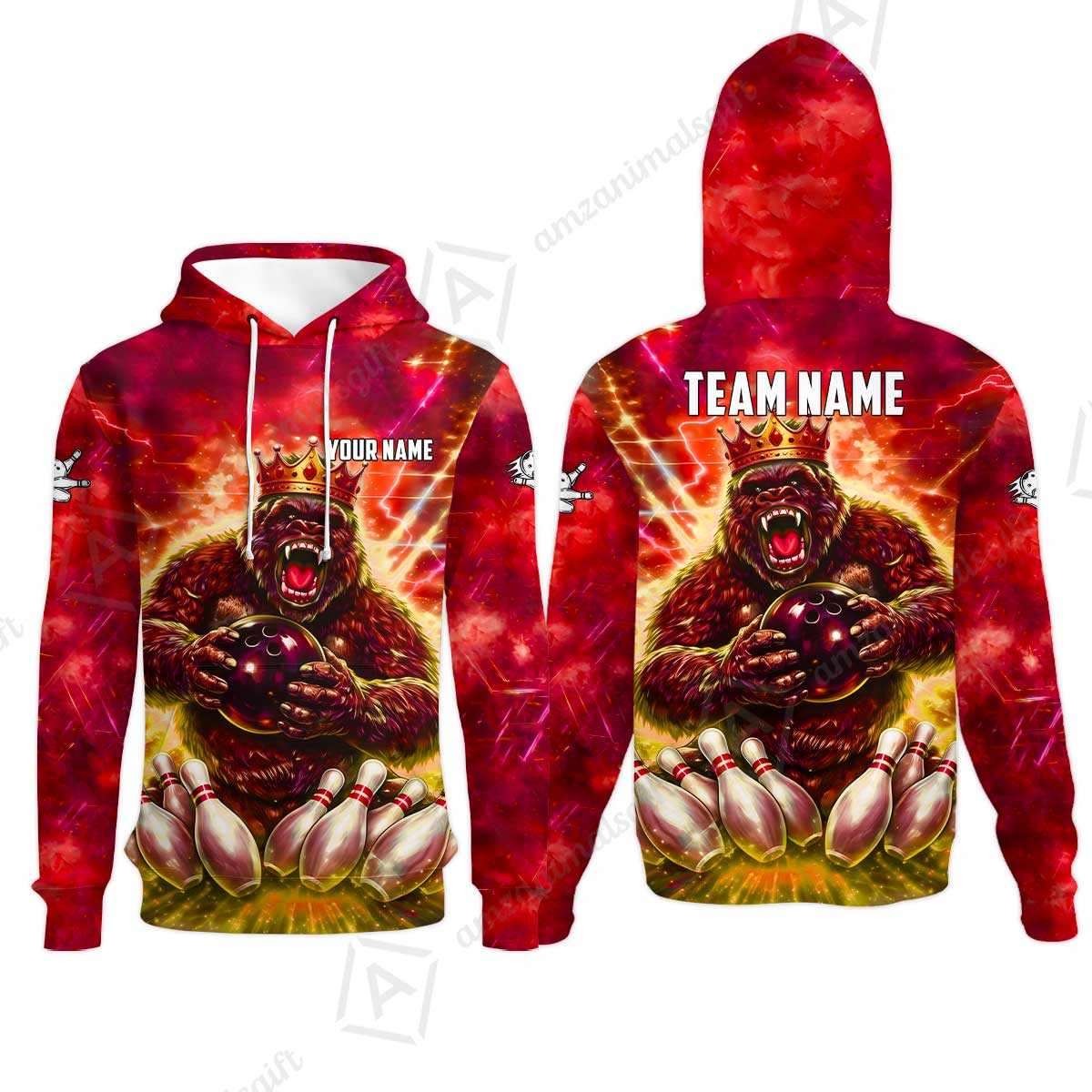 Custom Bowling Jersey Polo Shirt, King Gorilla Holding Bowling Ball, Custom Bowling Jersey Team Shirt For Players With Name & Team Name