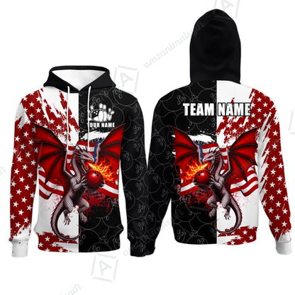 Custom Bowling Jersey Polo Shirt, Patriotic Fire Dragon Split Contrast, Custom Bowling Jersey Team Shirt For Players With Name and Team Name