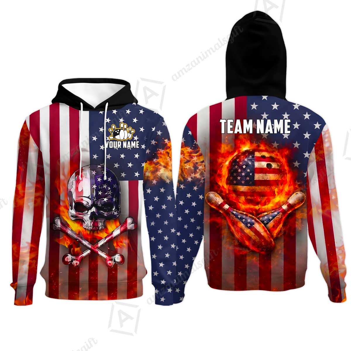 Customized Patriotic Flaming Skull Bowling Jersey, Custom Name And Team Name For Bowlers