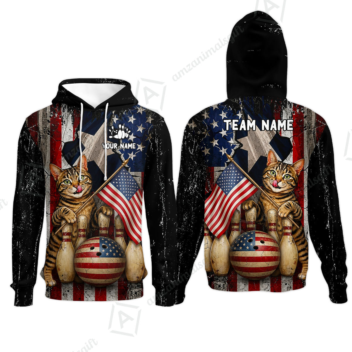 Custom Bowling Jersey Polo Shirt, American Flag and Alley Cats, Custom Bowling Jersey Team Shirt For Players With Name and Team Name