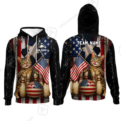 Custom Bowling Jersey Polo Shirt, American Flag and Alley Cats, Custom Bowling Jersey Team Shirt For Players With Name and Team Name