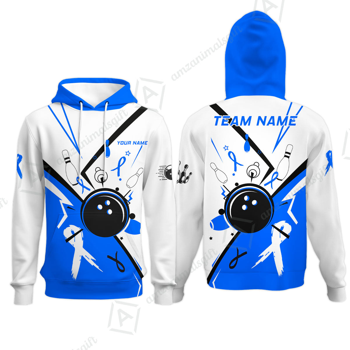 Custom Bowling Team Uniform Shirts, Bowling Ball Strike Pins And Blue Ribbon Shirt, Personalized Team & Player Jersey