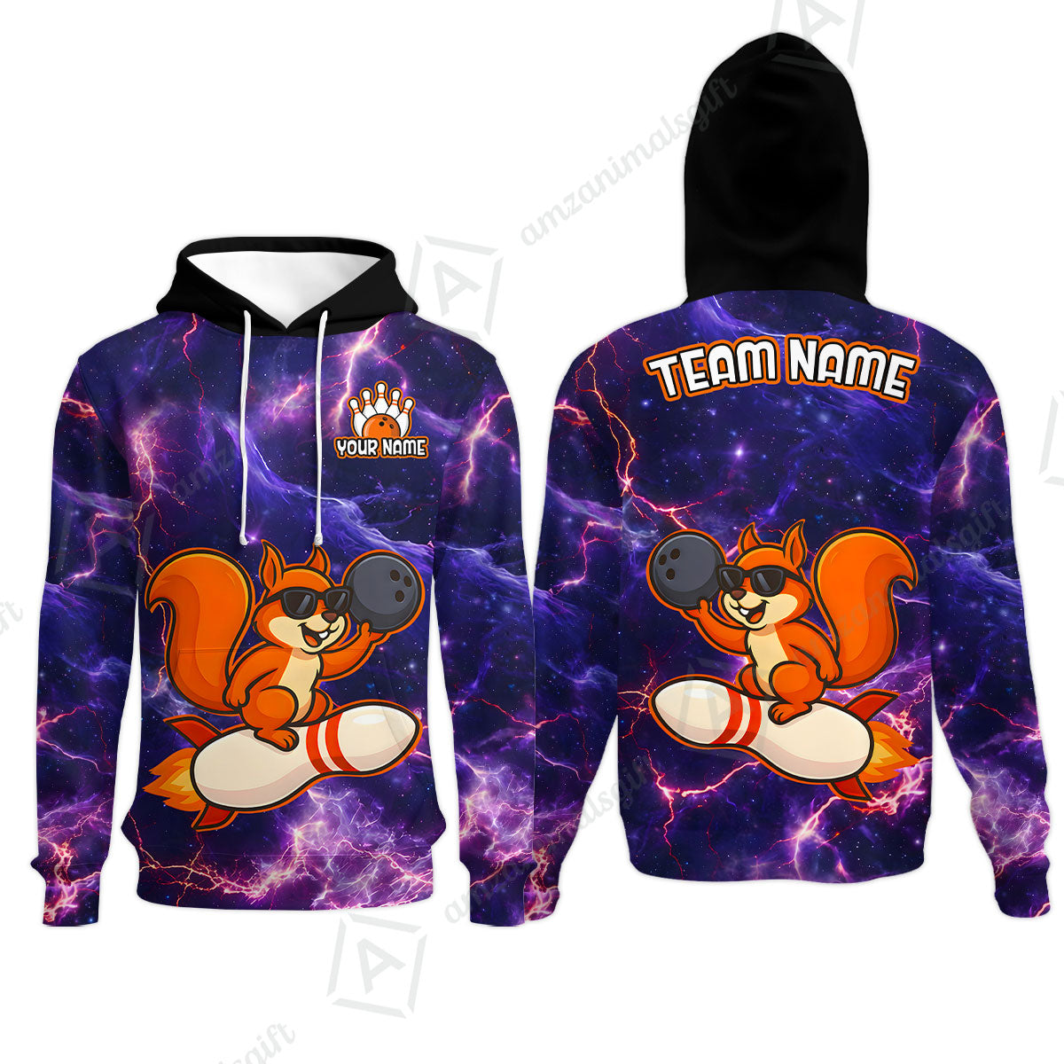 Funny Bowling Custom Polo T-Shirt - Fun Cartoon Purple Galaxy With Lightning Squirrel Wearing Sunglasses, Personalized Bowling Jersey Polo Shirts