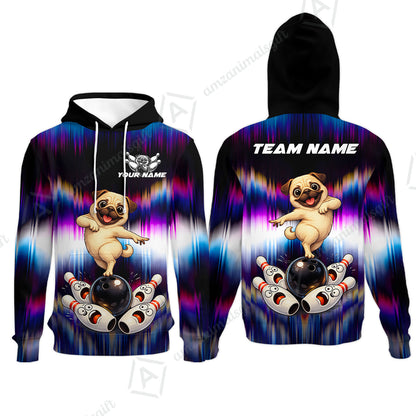 Custom Bowling Jersey Polo Shirt, Neon Cosmic Pug Bowling Custom Bowling Jersey Team Shirt For Players With Name & Team Name