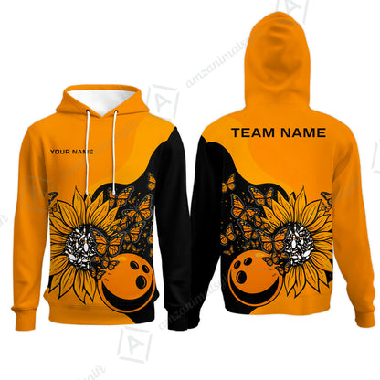 Custom Bowling Jersey Polo Shirt, Radiant Sunflower Butterfly Bloom, Custom Bowling Jersey Team Shirt For Players With Name and Team Name