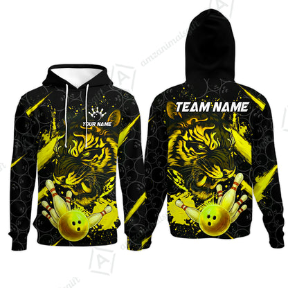 Customized Bowling Unisex Polo Shirt, Tiger Ball Striking Pins, Bowling Uniforms, Personalized Name And Team Name