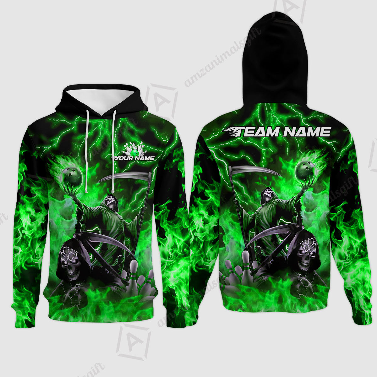 Custom Bowling Team Quarter-Zip Polo Shirt, Grim Reaper Skull With Flame Bowling Lightning Design for Bowlers, Personalized Shirt with Name and Team Name