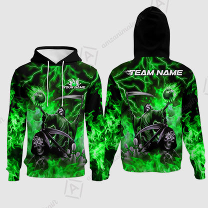 Custom Bowling Team Quarter-Zip Polo Shirt, Grim Reaper Skull With Flame Bowling Lightning Design for Bowlers, Personalized Shirt with Name and Team Name