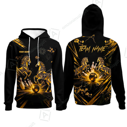 Custom Bowling Jersey Polo Shirt, Black Gold Horse, Custom Bowling Jersey Team Shirt For Players With Name & Team Name