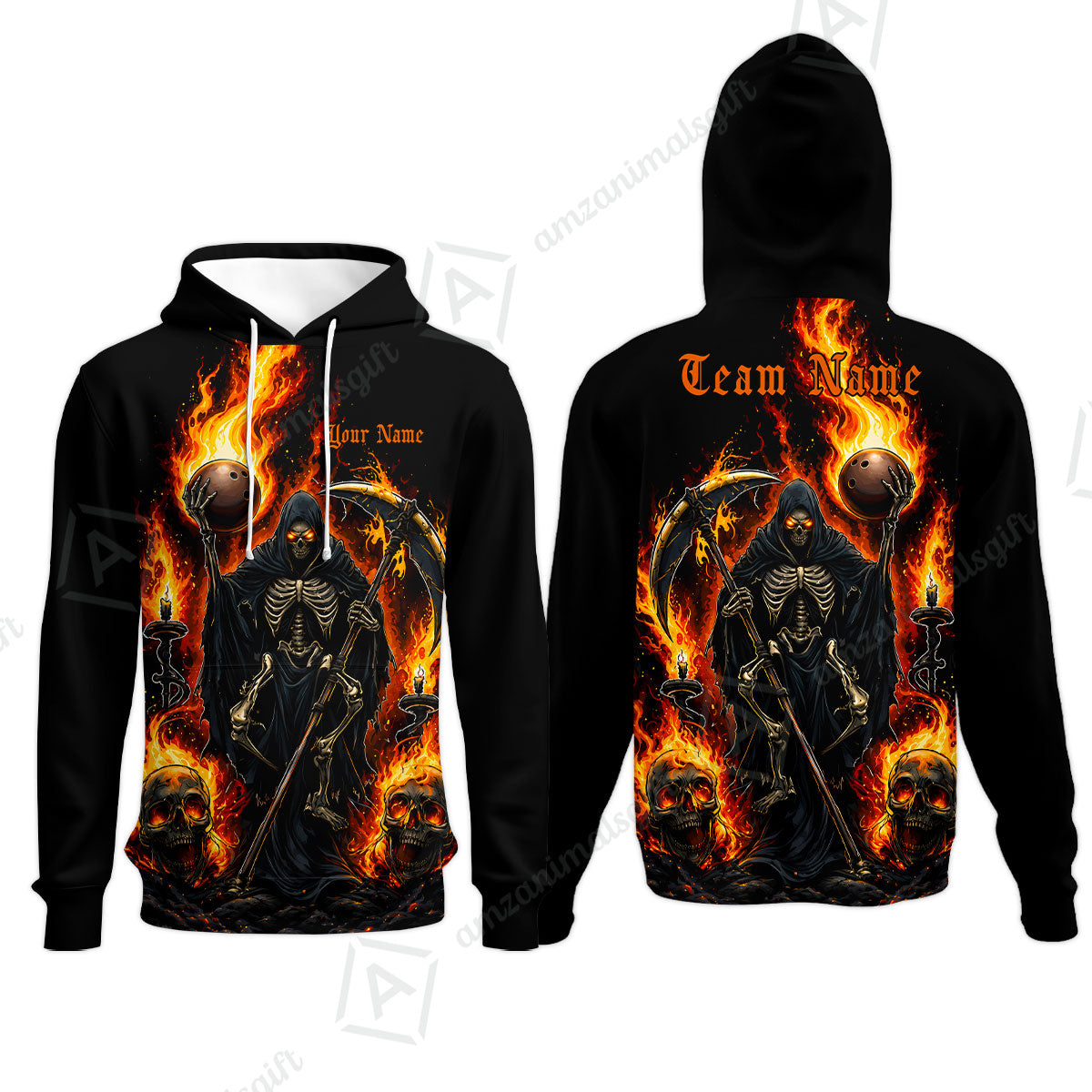Custom Bowling Jersey Polo Shirt, Hellfire Grim Reaper, Personalize Name and Team Name