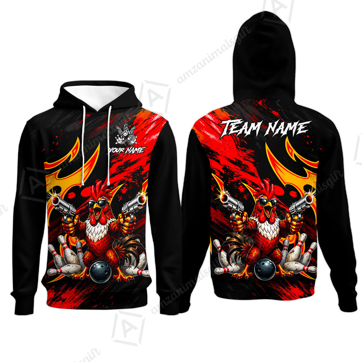 Custom Bowling Jersey Polo Shirt, Rooster With Gun, Custom Bowling Jersey Team Shirt For Players With Name and Team Name