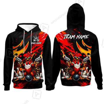 Custom Bowling Jersey Polo Shirt, Rooster With Gun, Custom Bowling Jersey Team Shirt For Players With Name and Team Name