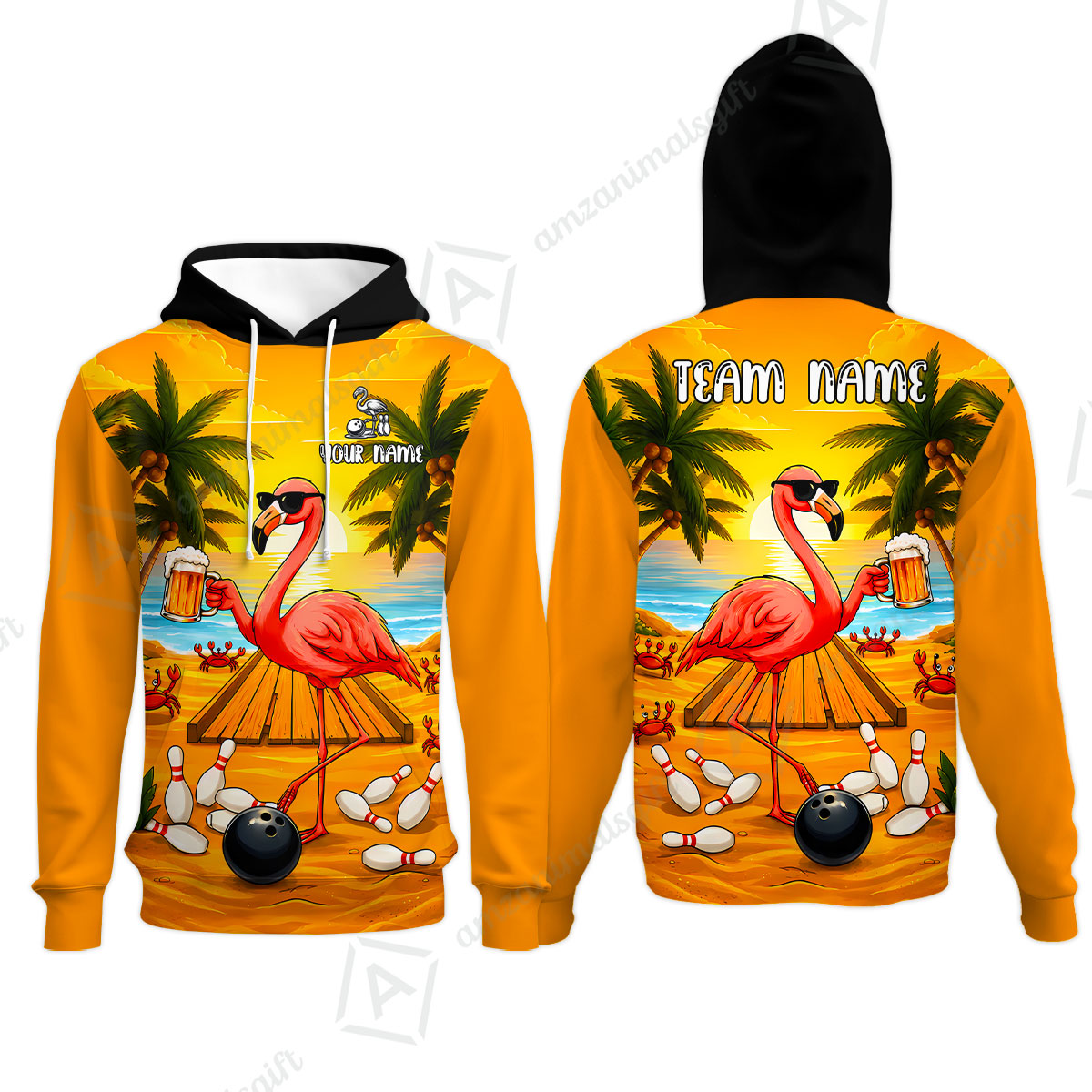 Customized Bowling Shirt, Beer & Flamingo Bowler Summer Vibe, Personalized Polo Shirt For Players With Name & Team Name