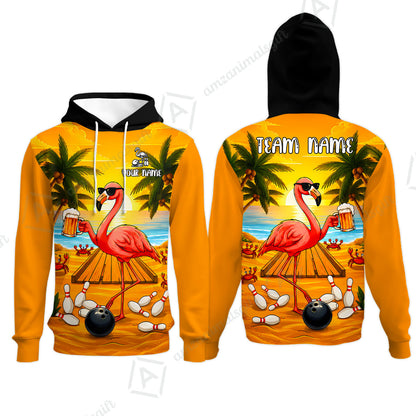 Customized Bowling Shirt, Beer & Flamingo Bowler Summer Vibe, Personalized Polo Shirt For Players With Name & Team Name