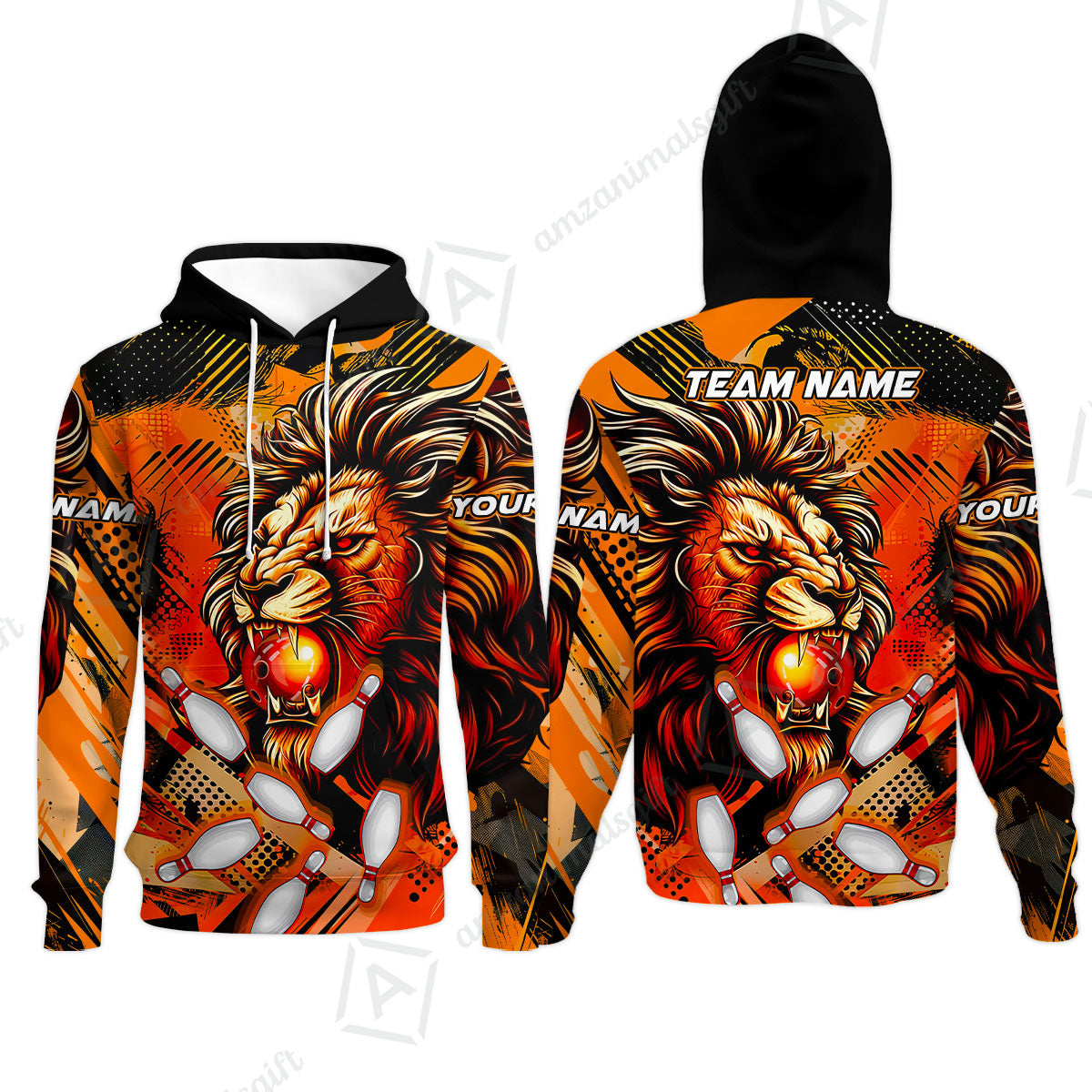 Custom Bowling Team Jerseys Shirts, Bowling uniforms Ball & Pins Lion Pattern Personalized Name And Team Name