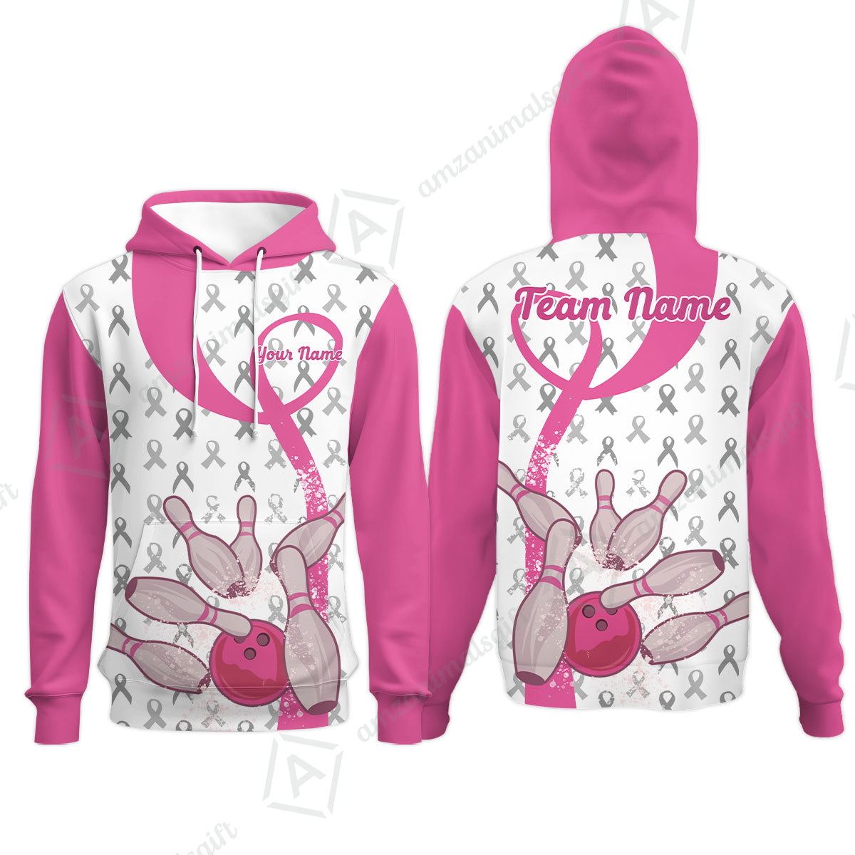 Pink Ribbon Breast Cancer Custom Bowling Team Polo Shirts, Pink Ribbon Bowling Team Uniforms Jerseys Personalized Name And Team Name