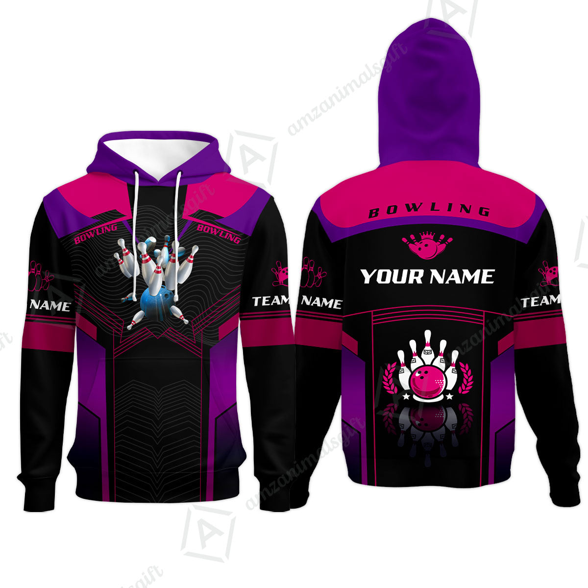 Customized Bowling Jersey Shirt, The Blue Bowling Ball Crashing The Pins Purple Pattern Personalized Name Team Name Logo Team For Bowling Team