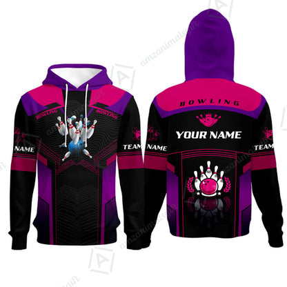 Customized Bowling Jersey Shirt, The Blue Bowling Ball Crashing The Pins Purple Pattern Personalized Name Team Name Logo Team For Bowling Team
