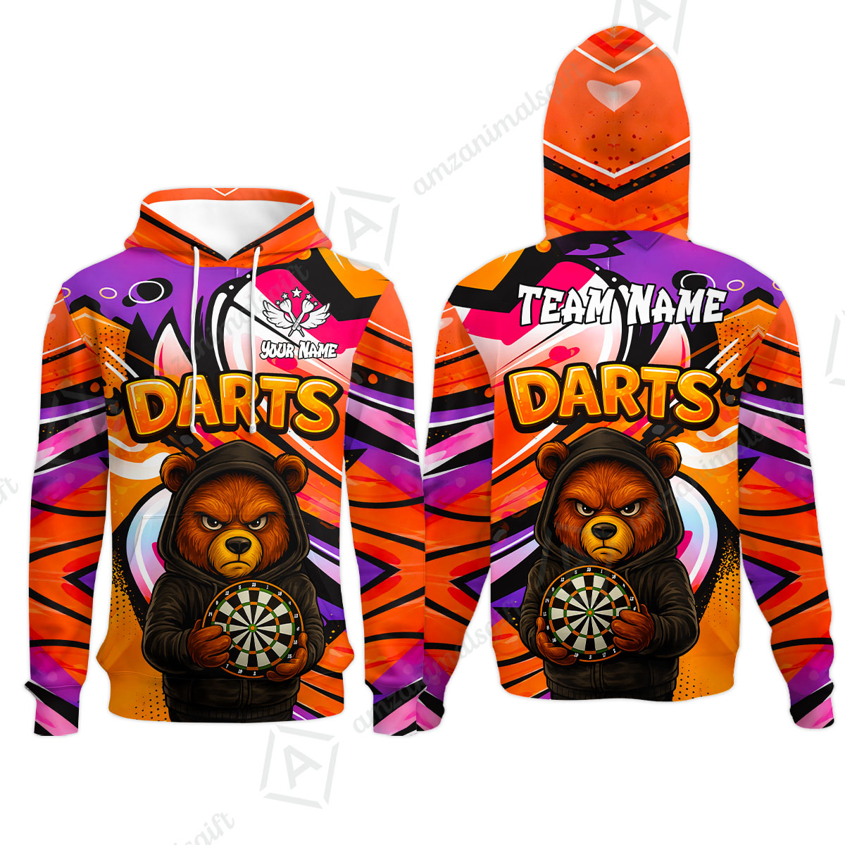 Customized Darts Team Uniform Shirt, Custom Darts Team Collar Quarter-Zip, Personalized Bear Darts Shirt with Name & Team Name