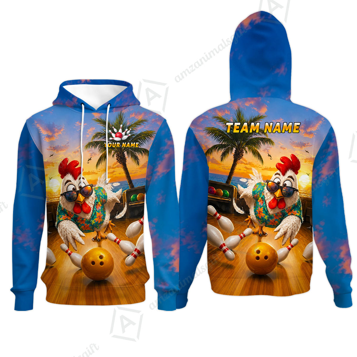Custom Bowling Jersey Polo Shirt, Funny Tropical Hawaiian Rooster Strike, Custom Bowling Jersey Team Shirt For Players With Name and Team Name