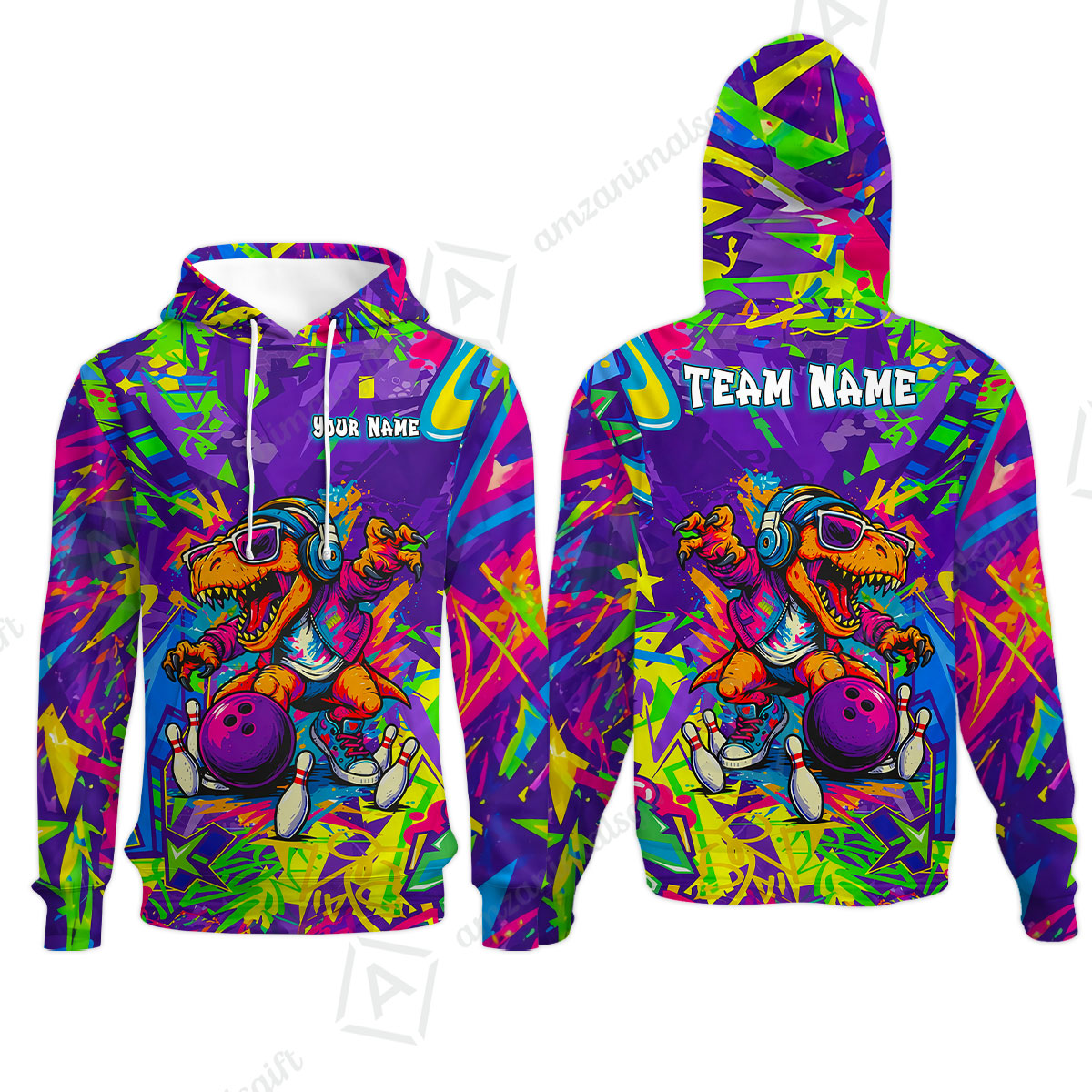 Custom Bowling Jersey Polo Shirt, Vibrant Neon Graffiti DJ T-Rex, Custom Bowling Jersey Team Shirt For Players With Name and Team Name