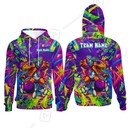 Custom Bowling Jersey Polo Shirt, Vibrant Neon Graffiti DJ T-Rex, Custom Bowling Jersey Team Shirt For Players With Name and Team Name
