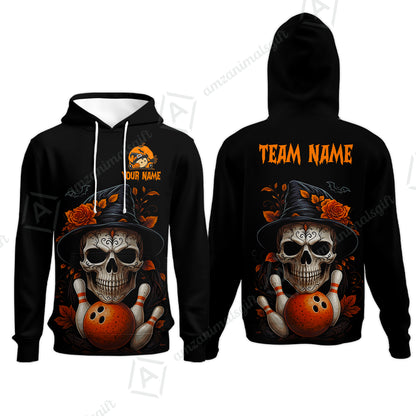 Customized Bowling Shirt, Halloween Skull Witch, Personalized Polo Shirt For Players With Name & Team Name