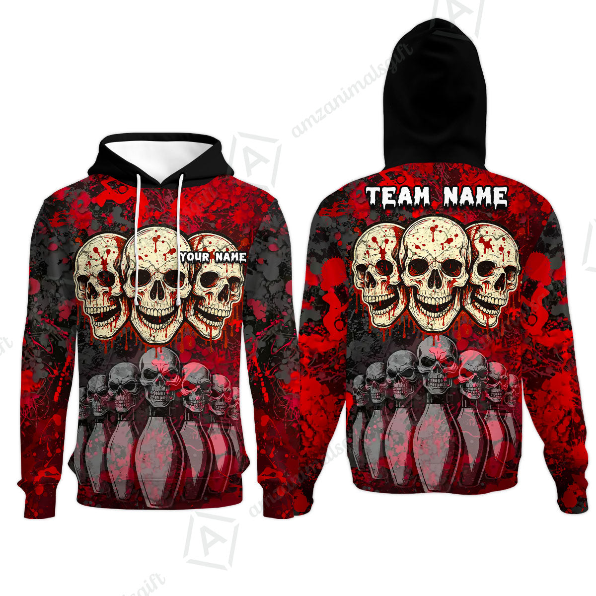 Custom Three Skulls with Red Blood Splash Bowling Team Shirt, Bowling uniforms, Bowling Shirt Personalized Name And Team Name