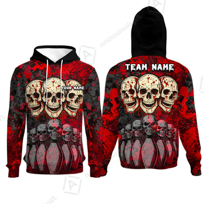 Custom Three Skulls with Red Blood Splash Bowling Team Shirt, Bowling uniforms, Bowling Shirt Personalized Name And Team Name
