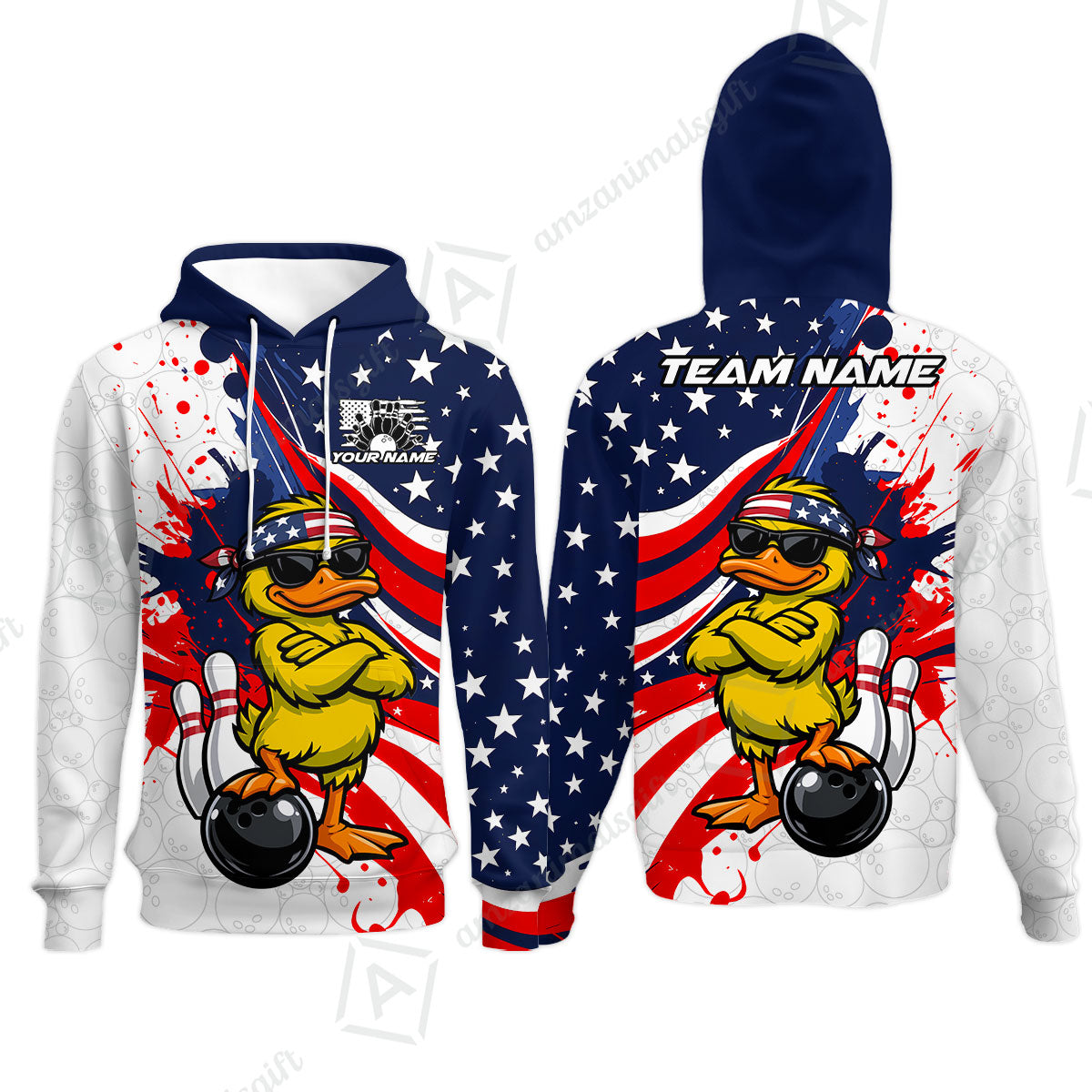 Custom Bowling Jersey Polo Shirt, Patriotic Cool Duckling Mascot, Custom Bowling Jersey Team Shirt For Players With Name and Team Name