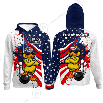 Custom Bowling Jersey Polo Shirt, Patriotic Cool Duckling Mascot, Custom Bowling Jersey Team Shirt For Players With Name and Team Name