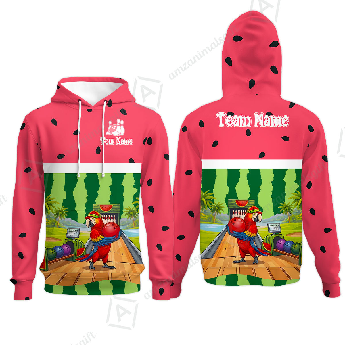 Custom Bowling Jersey Polo Shirt, Tropical Watermelon Parrot Macaw, Custom Bowling Jersey Team Shirt For Players With Name and Team Name