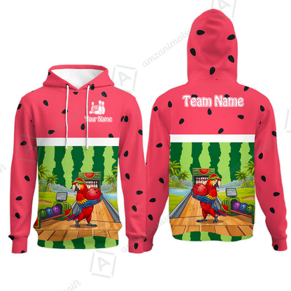 Custom Bowling Jersey Polo Shirt, Tropical Watermelon Parrot Macaw, Custom Bowling Jersey Team Shirt For Players With Name and Team Name