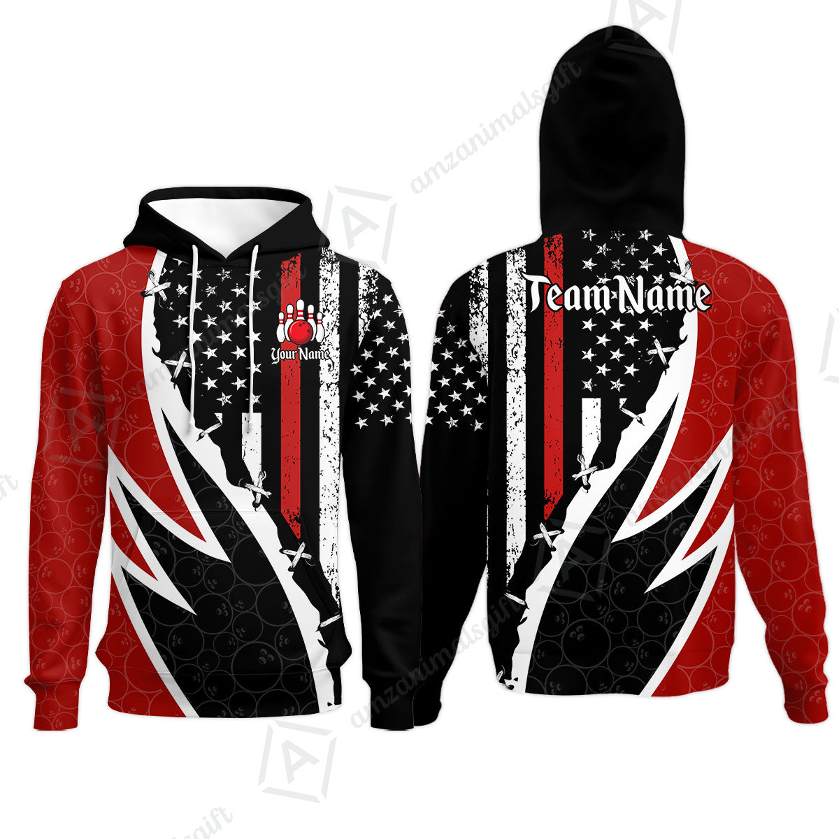 Custom Bowling Jersey Polo Shirt, Thin Red Line With Vintage Distressed American Flag, Personalize Name and Team Name