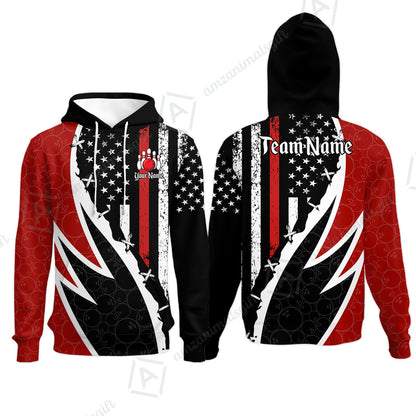 Custom Bowling Jersey Polo Shirt, Thin Red Line With Vintage Distressed American Flag, Personalize Name and Team Name